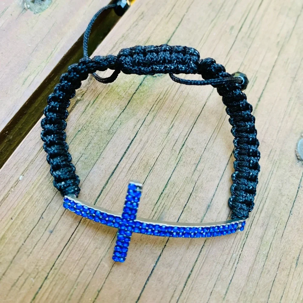 Bracelet Blue cross rhinestone pendant paracord religious jewelry